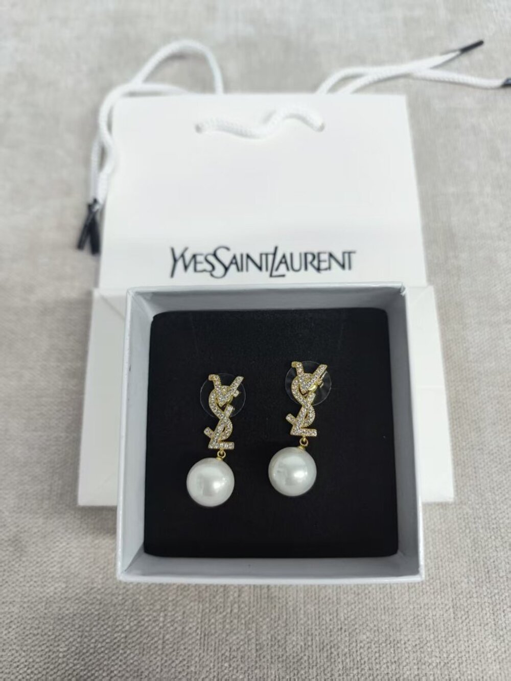 📿YSL Saint Laurent Gold Crystal Cassandre Drop Earrings White Pearl Pendant